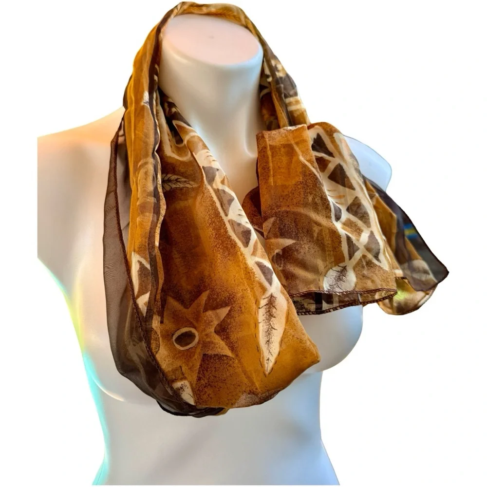 Vintage City Silk Company Chiffon Brown Tan Geometric Scarf 18x60